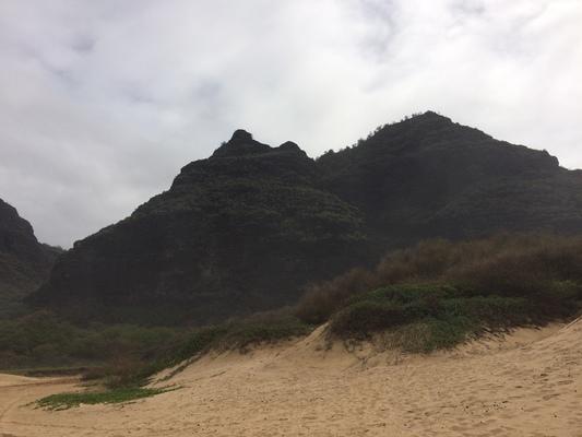 Polihale State Park... a rare cloudy and cool day at Polihale Beach... huge waves today and empty beaches...sand dunes, sea grass and mountains... 