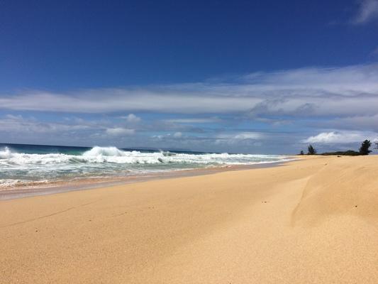 Kekaha Beach  with waves breaking on the shore... the beach is a very long stretch of shoreline on the dry West side of Kauai... here you can see deep blue skies... most days you will see sunbathers, surfers, fishermen and people gathering to enjoy time together. 